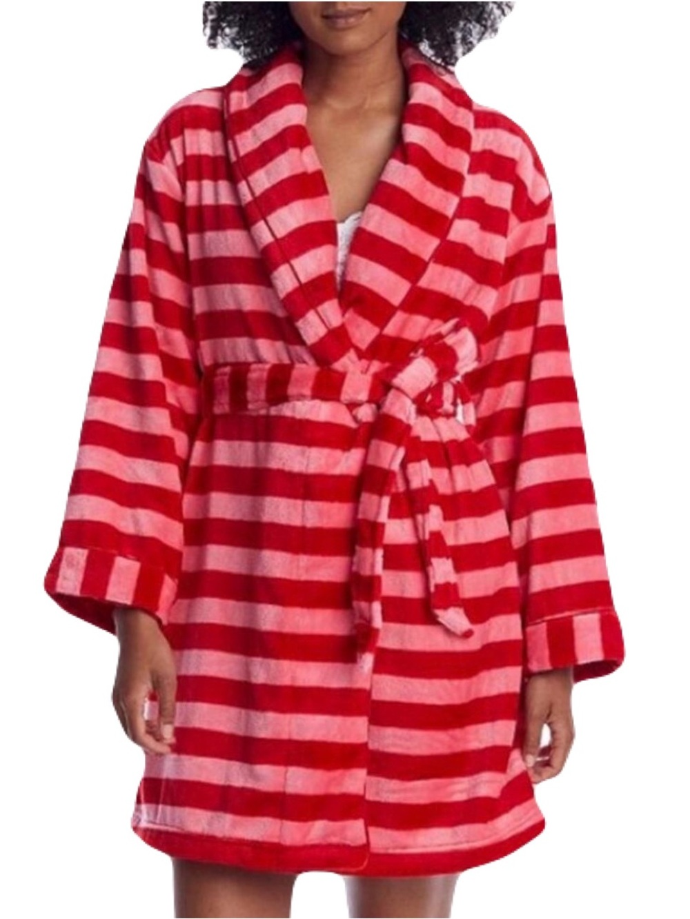 Kate Spade New York Red Pink Striped Plush Robe XS/S Belted Cozy Bathrobe